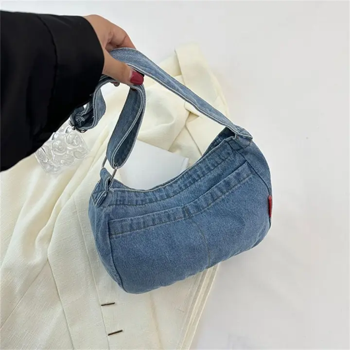Bolso Bandolera De Denim Gran Capacidad Vintage Para Mujer Estilo Casual Sin Cierre Externo Bolsa De Mano Sólida Para Fiestas - 1