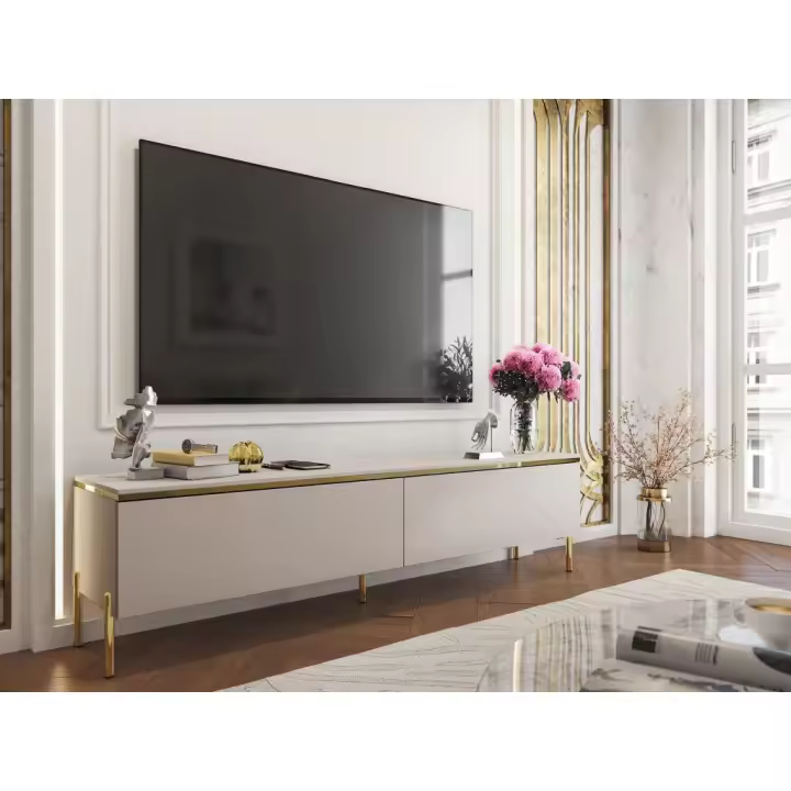 Vente-unique - Mueble de TV con 2 puertas - Beige y dorado - VUKIA de Pascal MORABITO - 1