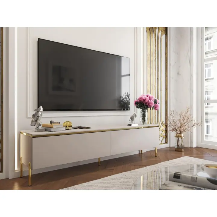 Vente-unique - Mueble de TV con 2 puertas - Beige y dorado - VUKIA de Pascal MORABITO - 1