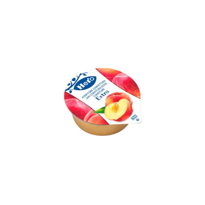 Confitura extra de melocotón en tarrina Hero - 25 grs - Caja de 120 - Desayuno y merienda - 1