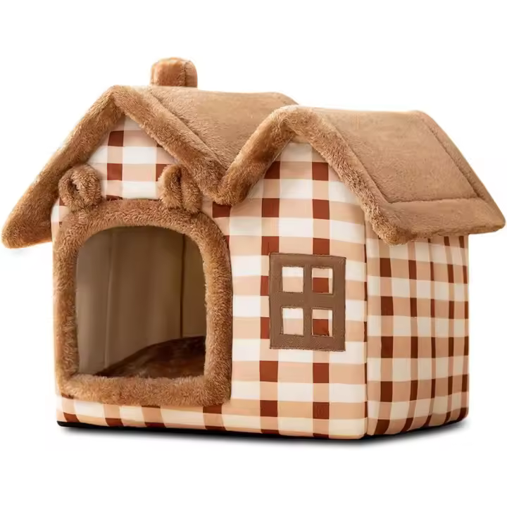 Cama cueva para gatos, cálida y acogedora, tipo iglú de peluche, lavable, con cojín extraíble, plegable (M, marrón) - 1