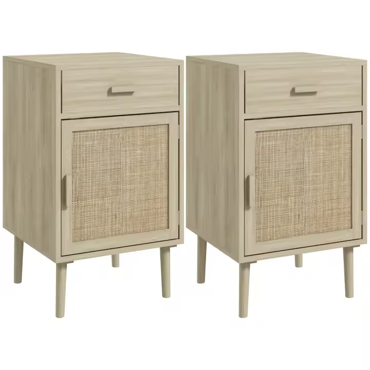HOMCOM Juego de 2 Mesitas de Noche Mesillas de Noche Mesitas Auxiliares con Cajón de Ratán y Estante Ajustable para Dormitorio Salón 40x40x68,5 cm Roble - 1