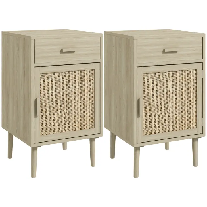 HOMCOM Juego de 2 Mesitas de Noche Mesillas de Noche Mesitas Auxiliares con Cajón de Ratán y Estante Ajustable para Dormitorio Salón 40x40x68,5 cm Roble - 1
