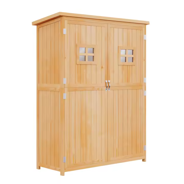 Outsunny Cobertizo de Madera Caseta Exterior Armario Herramientas de Jardinería Doble Puertas Techo Impermeable Compartimientos de Diferentes Tamaños 127.5x50x164cm Madera Maciza - 1