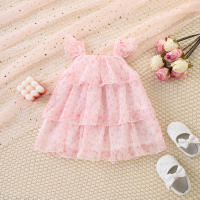 Vestido De Princesa Para Bebé Niña Verano Color Sólido Con Flores Malla Ligera Y Delgada Manga Volante Dulce Vestido De Niña - details 2