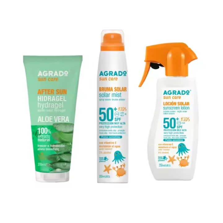 AGRADO - Pack Kids Solar, Set con Bruma Solar Kids Aerosol SPF50+ 200 ml, Loción Solar Kids Pistola SPF50+ 250 ml, Aftersun Hidragel Aloe Tubo 200 ml, Fórmula Vegana, Ideal para las Pieles Sensibles de los Más Pequeños, Contiene Vitamina E - 1