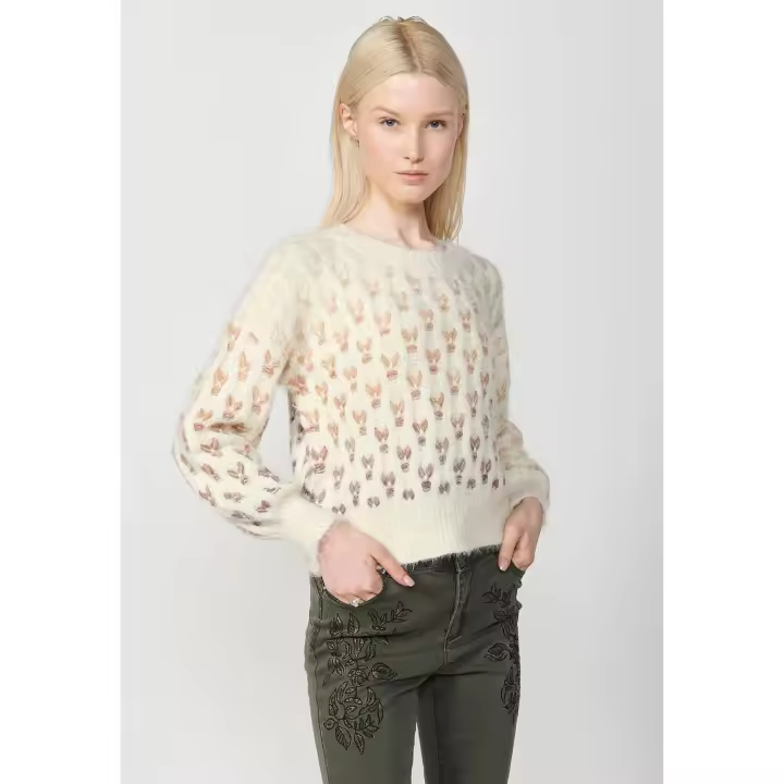 Koroshi Jersey manga larga cuello redondo con jacquard espigado multicolor para mujer en color crudo - 1