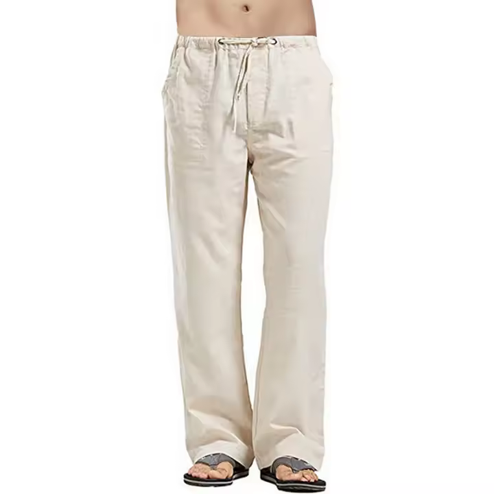 Pantalones Largos De Lino Para Hombre Verano Pantalones Deportivos Casuales Elásticos Ligeros Con Cierre De Cordón Color Sólido - 1