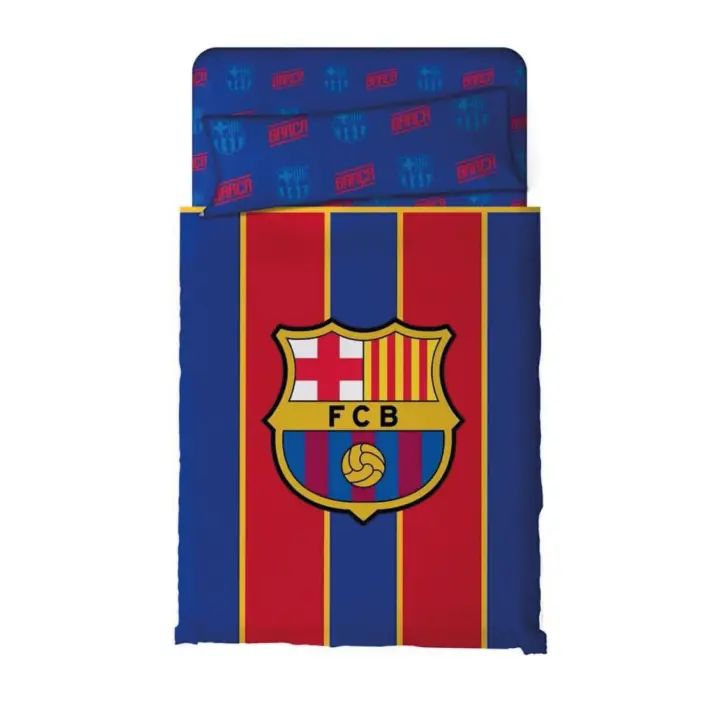 BARÇA - F.C. BARCELONA Juego de Sábanas Verano 50% algodón 50% Poliéster Escudo Centrado Rayas (3 Piezas: encimera, bajera y funda de almohada) - 1