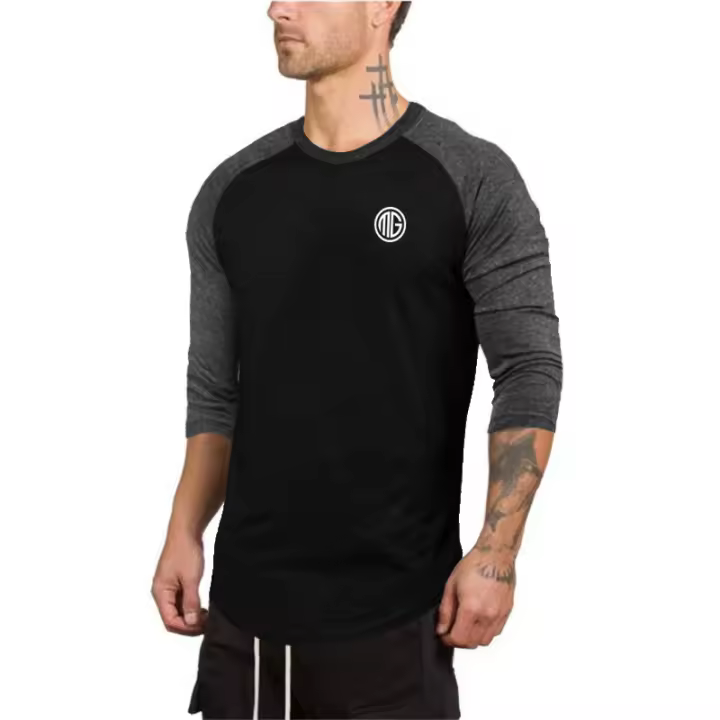 Gym T-shirt Men 0-Neck Three Quarter Sleeves Cotton Tshirt Slim Fit Shirt Male Fitness Bodybuilding Workout Color Contrast Tops - 1