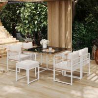 Juego de Mesa y Sillas de Comedor de Exterior de 7 Piezas, 6 Asientos, Mesa de Cristal Templado, Envuelve en Ratán PE, Tapa de Madera de Acacia con Apoybrazos, Jardines. - details 0