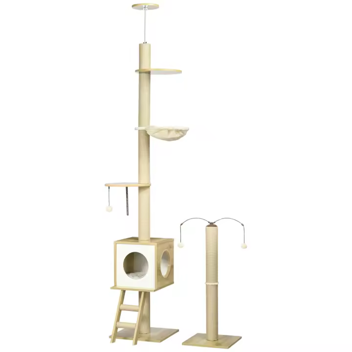 PawHut Árbol para Gatos del Suelo al Techo 225-285 cm Altura Ajustable Árbol para Gatos Grande con Plataformas Hamaca Caseta Poste de Yute Rampa y Bolas 40x40x225-285 cm Beige - 1