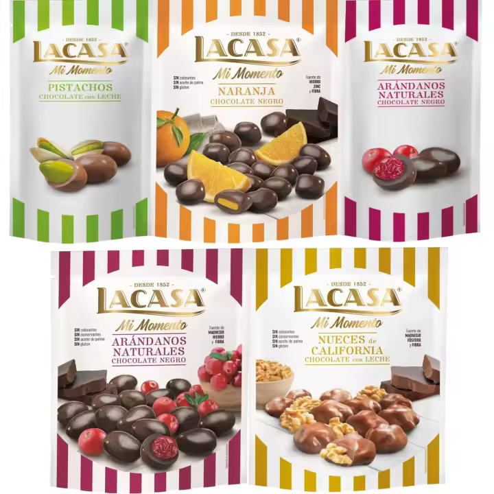 Lacasa Mi Momento pack de 5:Arándano Choco Negro ,Pistacho Choco Leche,Arándano Choco Negro ,Nueces Choco Leche ,Naranja Choco Negro - 1
