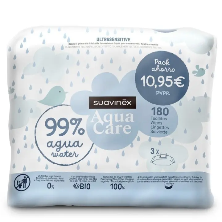 SUAVINEX TOALLITAS AQUA ULTRASENSITIVE 3 ENVASES 60 TOALLITAS PACK - 1