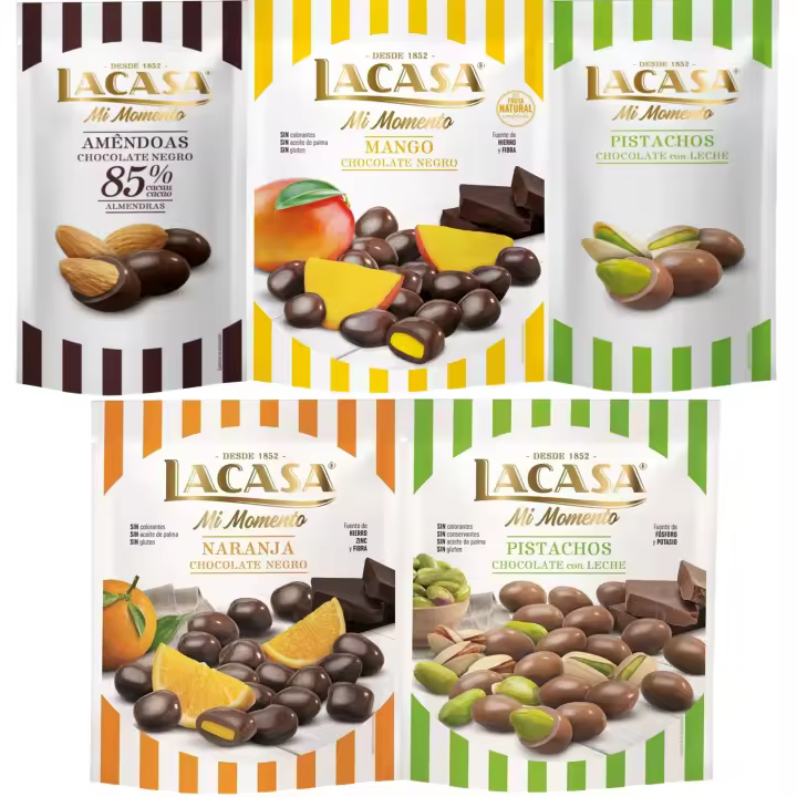 Lacasa Mi Momento pack de 5:Pistacho Chocolate Leche,Almendra 85% ,Naranja Chocolate Negro ,Pistacho Chocolate Leche ,Mango Chocolate Negro - 1