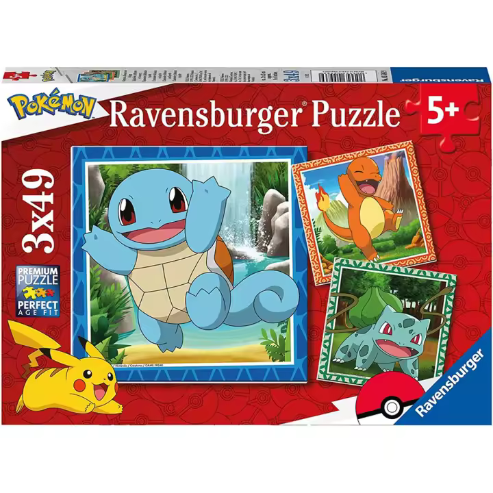 Puzzle Pokémon Charmander, Bulbasaur y Squirtle 3 x 49 piezas, Ravensburger, 05586 - 1