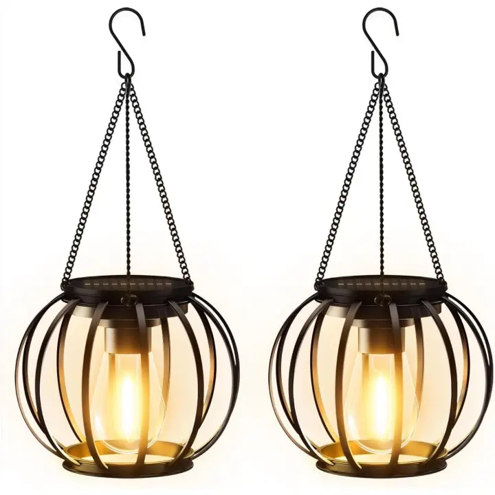 Luces solares para jardín al aire libre, 2 paquetes de 2 de metal con cadena y gancho, colgantes con interruptor automático, adornos impermeables, camino de patio y terraza - 1