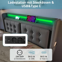 Cama tapizada 160x200, Cama Doble with cabecera LED y Carga USB C, 4 cajón, Cama de almacenamiento with base de listones de madera y Marco metálico, capacidad de carga 300 kg, Gris, algodón (sin colchón) - details 5