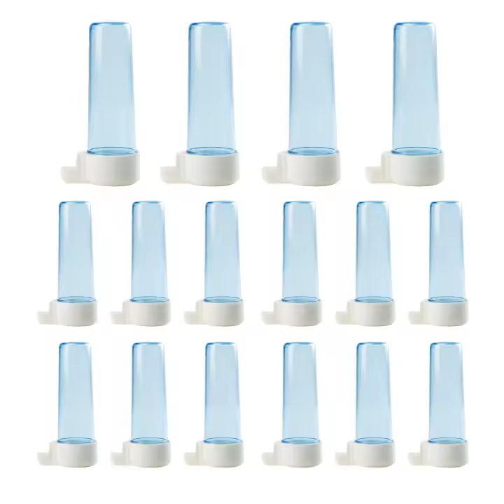 Bebedero Redondo para Pájaro. Pack 16 Unidades. 2 Colores: Transparente y Azul. Tamaño: 12x6x4 cm. Dispensadores Vacíos para Proporcionar Agua a Pájaros. Resistente a las Adversidades del Exterior. - 1