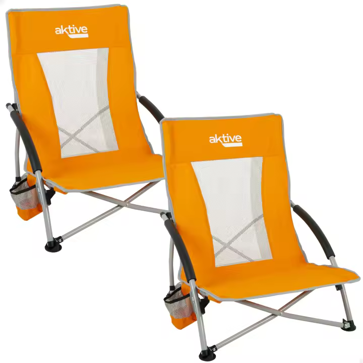 Pack 2 sillas de playa bajas y transpirables naranja c/posavasos Aktive - 1