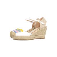 HLUNA - Sandalia de Cuña con Tacón 8cm - Zapatos Esparto - Puntera Cerrada - Blanco imitación de cuero con tiras de Colorines - HYJ23-9 - details 2