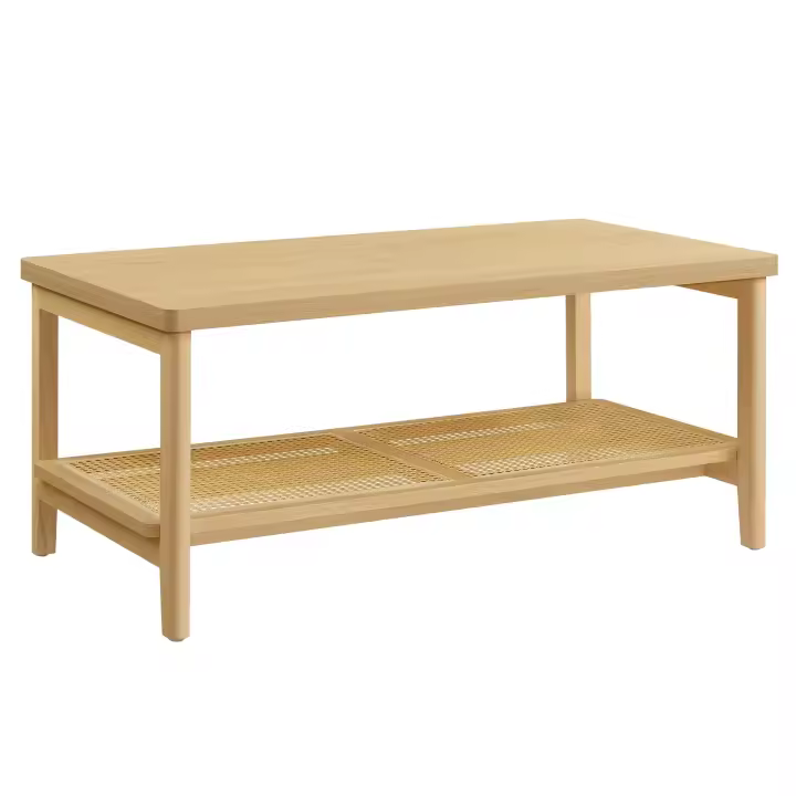 Mesa de centro Boho de 2 niveles con estante ratán, Esquinas redondeadas, Beige roble - 1
