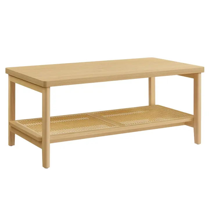 Mesa de centro Boho de 2 niveles con estante ratán, Esquinas redondeadas, Beige roble - 1