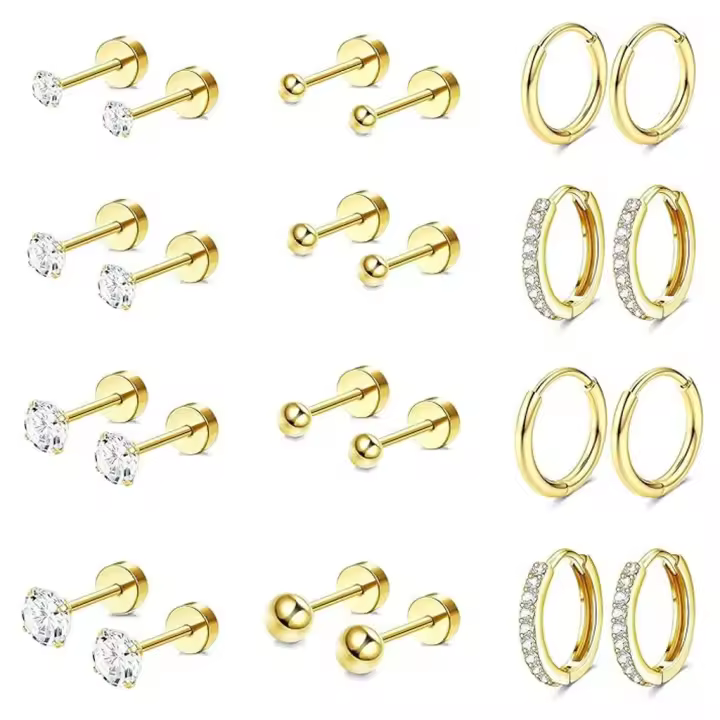 12 Pares Pendientes Acero Quirurgico, Piercing Oreja  Pendientes Mujer Dorados Circonio Cúbico Ronda Pendientes, Hipoalergénico Cartílago Huggie Hoop Pendientes, Multi Piercing - 1