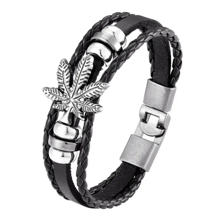 Pulsera De Cuero Vintage Multicapa Con Hoja De Arce Tejida Para Hombres Moda Religiosa Accesorios De Joyería Encantadora - 1