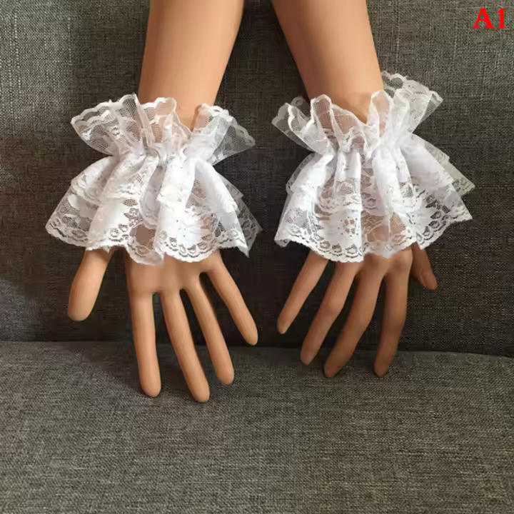 Pulseras De Encaje Negro Con Floral Ruffle Para Mano Lolita Cuff De Muñeca Elegante Guantes Cortos Para Damas Gloves De Halloween - 1