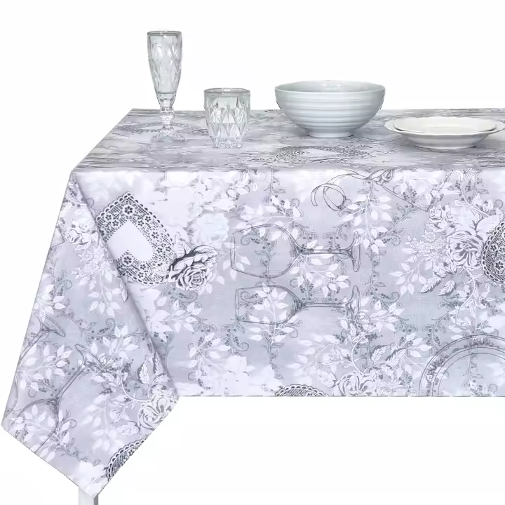 Mantel PVC, Mantel de hule, Tapete de cocina, Hule para mesa rectangular, Lamina superior 100% PVC, Resistente al agua, Corazones, Platos, Flores, Gris, Marrón claro - 1