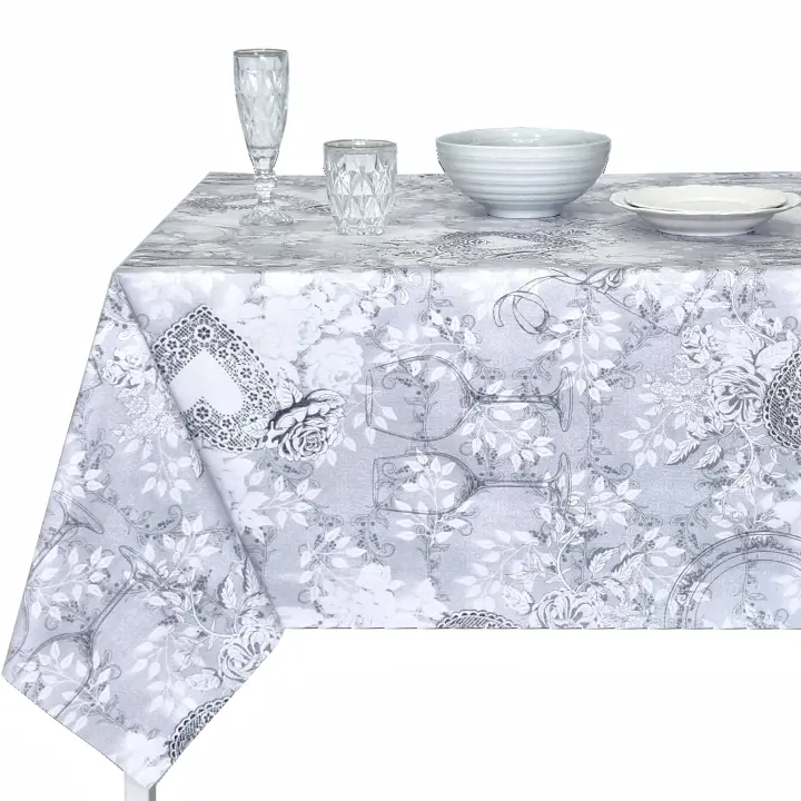 Mantel PVC, Mantel de hule, Tapete de cocina, Hule para mesa rectangular, Lamina superior 100% PVC, Resistente al agua, Corazones, Platos, Flores, Gris, Marrón claro - 1