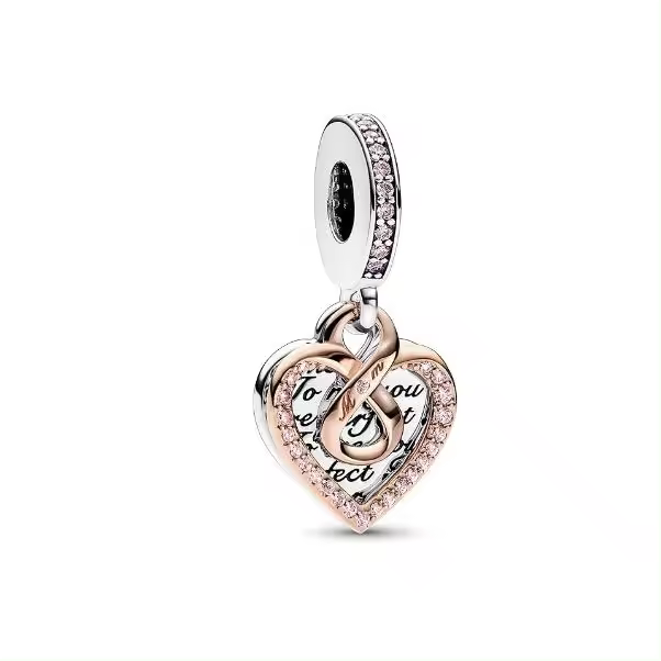 Pandora Moments Charms - Corazón de Plata de ley y Chapado en oro Rosa de 14 Quilates-Colgante de corazón, Coma con embalaje de Caja De Regno original. - 1