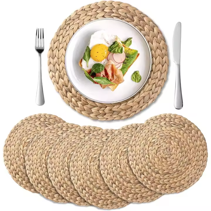 Juego de 6 manteles individuales redondos trenzados, manteles individuales de paja con jacinto de agua para mesa de comedor (35 cm) - 1