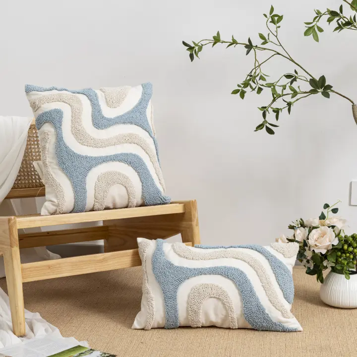 Funda De Cojín Bohemia Estilo Geométrico Irregular Azul Y Blanco Suave Algodón 100% Para Sala De Estar Dormitorio Sofa - 1