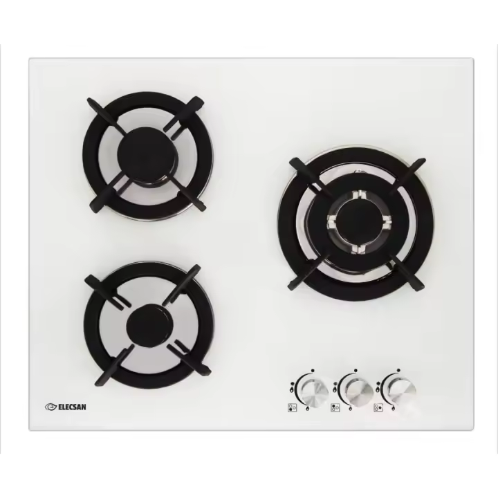 Placa Cristal Gas Elecsan , 3 Fuegos, Ancho 60cm, Encimera de Gas Butano ó Gas Natural, Acabado en Cristal Templado Blanco , Doble llama en el fuego Grande, Parrillas de hierro forjado. - 1