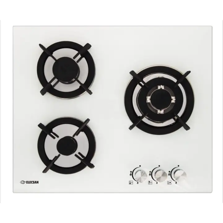 Placa Cristal Gas Elecsan , 3 Fuegos, Ancho 60cm, Encimera de Gas Butano ó Gas Natural, Acabado en Cristal Templado Blanco , Doble llama en el fuego Grande, Parrillas de hierro forjado. - 1