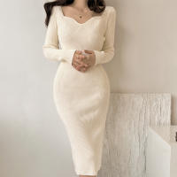 Vestido Midi Bodycon De Lana Para Mujer Seoulish Otoño Invierno Con Cuello Cuadrado Y Manga Larga Estilo Elegante Oficina - details 11