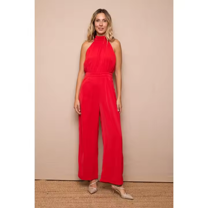 MONO ROJO CLARA - Mono, rojo, largo, cuello halter, sin mangas, poliester, polyester, halloween, moda mujer, invierno, otoño, primavera, bolsillos, satinado - 1