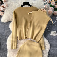 Conjunto De Ropa De Mujer REALEFT Otoño Invierno 3 Piezas Traje De Tejido Knitted Cardigan De Botón Sencillo Y Tops Falda Elegante Para Oficina - details 41