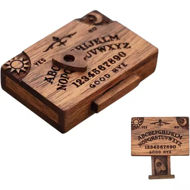 Tablero Ouija clásico en miniatura con cajón, tablero Ouija en miniatura para decoración del hogar, tablero de espíritus parlantes de primera calidad, tablero Ouija pequeño portátil, tablero de espíritus, tablero Ouija de madera para 2 o más jugadores - 1