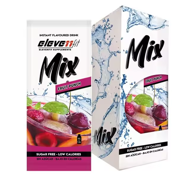 Eleven Fit Mix Instantáneo, Caja de 12 Sobres Sabor Fruit Punch - Prepara 1.5L de Bebida Saludable - Sin Azúcar, Baja en Calorías y Carbohidratos - Ideal para Agua/Leche, Cocinar y Preparar Postres - Mejora tu Dieta - Apto para Adultos y Niños - 1