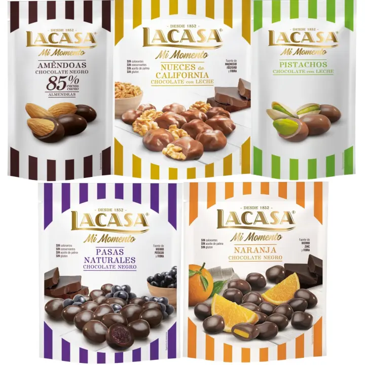 Lacasa Mi Momento pack de 5:Pistacho Chocolate Leche,Almendra 85% ,Nueces Chocolate Leche ,Pasas Chocolate Negro ,Naranja Chocolate Negro - 1