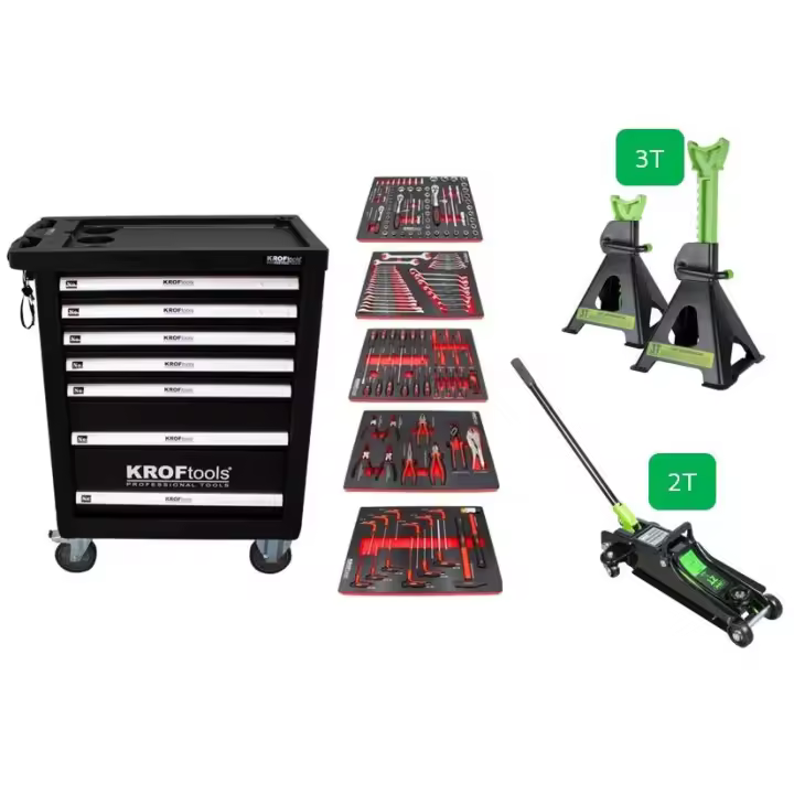 Kroftools 8612 Carro con herramientas + Caballetes 3T + Gato Carretilla 2T - 1
