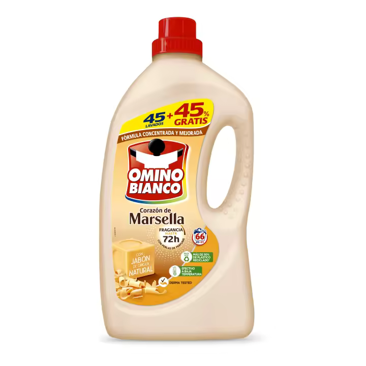 Omino Bianco - Detergente Líquido Jabón Corazón de Marsella, 2640 ml + 40 ml, 66 Lavados, Limpieza Profunda y Cuidado de Tejidos Delicados, Fragancia Fresca y Duradera - 1