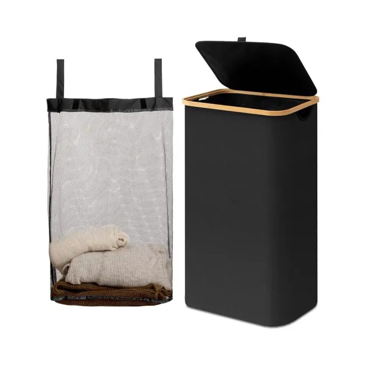 HOGUITA-Cesta de Lavandería con Tapa,Cesto Plegable para Ropa Sucia con Bolsa Interior Extraíble,Cubo Ropa Sucia Ideal para Lavadero y Dormitorio, Con Asas de Bambu para Fácil Transporte - 1