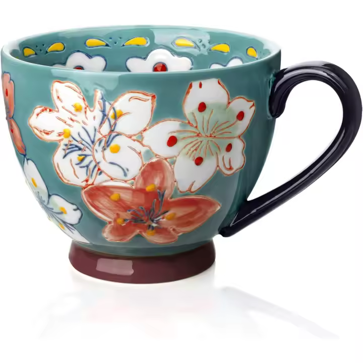 Taza de café de cerámica, taza de té con leche y café hecha a mano con flores de gran tamaño: los mejores regalos de cumpleaños y Navidad para mujeres y niñas, azul lago - 1