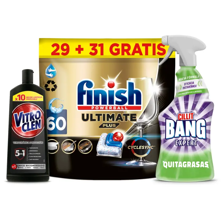 Finish Ultimate Plus 60 pastillas + Cillit Bang Quitagrasas + Vitroclen Crema 400 ml | Pack limpieza completa cocina y lavavajillas, antigrasa, vitrocerámica, desincrustante, brillo cristalino - 1