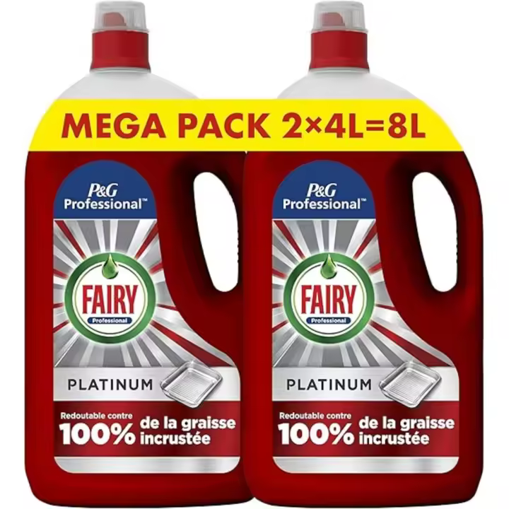 Fairy Professional Platinum Líquido Lavavajillas Concentrado Pack 2 x 4Lx (4000 ml), Limpia hasta 55,000 platos, Implacable con el 100 % de la Grasa Quemada, Menos Necesidad de Frotar, - 1