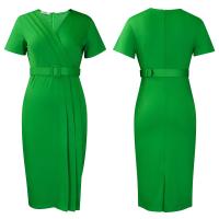Vestido Elegante Para Oficina Para Mujer Con Cuello En V Manga Corta Cinturón Ajustado Recto Midi Formal Ropa De Negocios Para Mujer - details 39